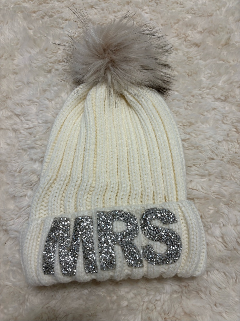 White Knit Pom Beanie with Silver 'MRS' Glitter